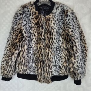 Outer Edge leopard print faux fur bomber jacket black trim zipper front edgy S